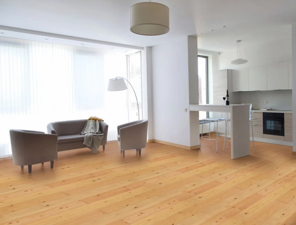 Landhausdiele 2G Lärche A-B – Raumambiente mit warmen Lärchenholzdielen im modernen Wohnbereich