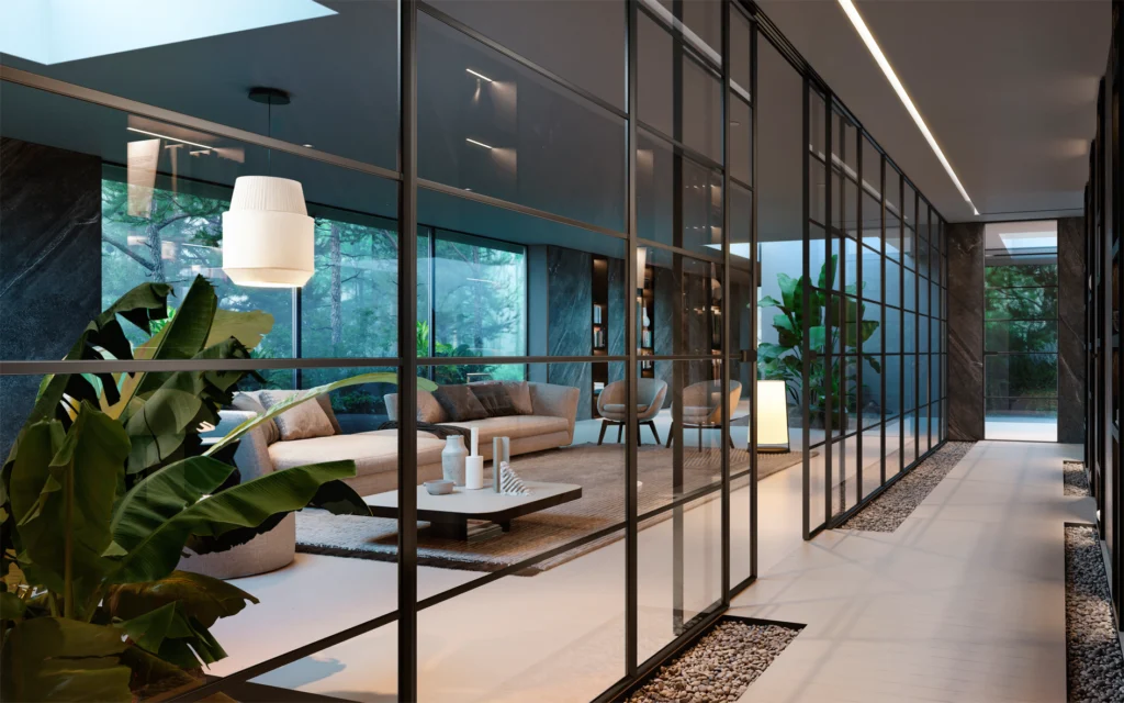 moderne loft schiebetüren mit glas und schwarzen rahmen