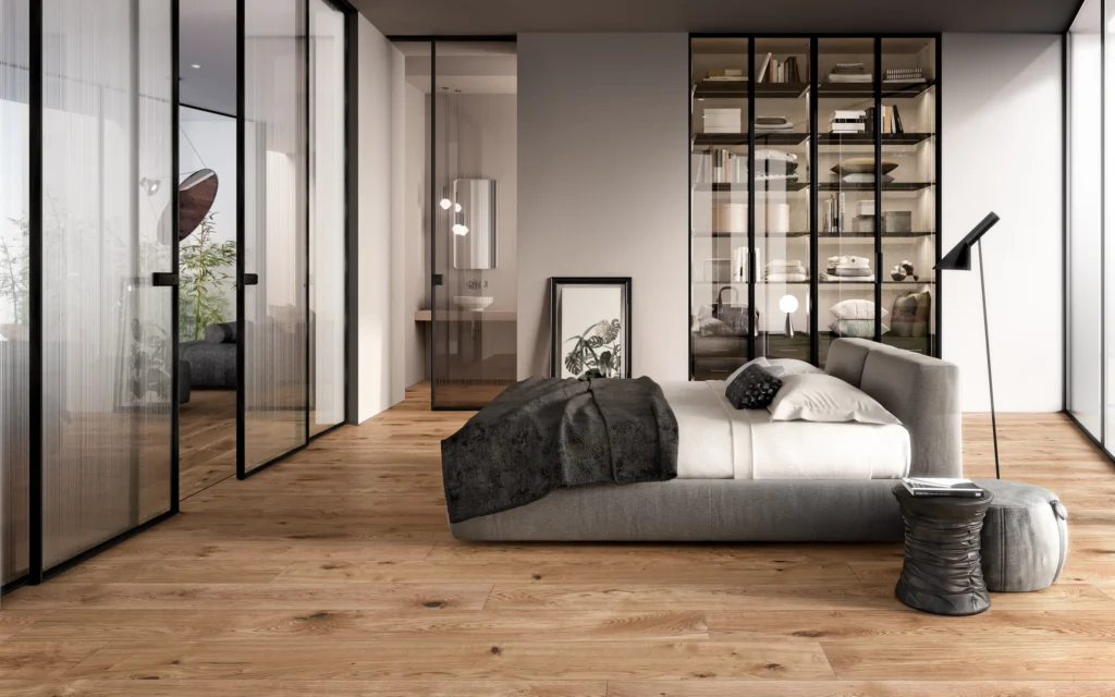 moderne lofttüren im schlafzimmer mit eiche boden und schwarzen aluminiumprofilen
