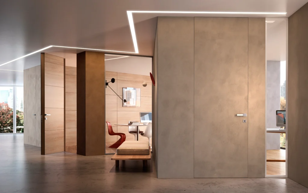 Luxuriöse wandbündige Türen im modernen hochwertigen Wohnraum