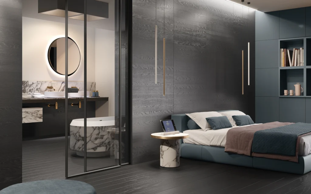schwarze lofttüren im modernen hotel interior