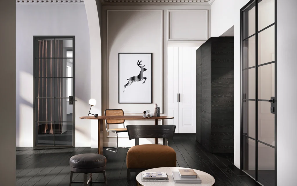 schwarze lofttüren mit modernem metallrahmen und glas