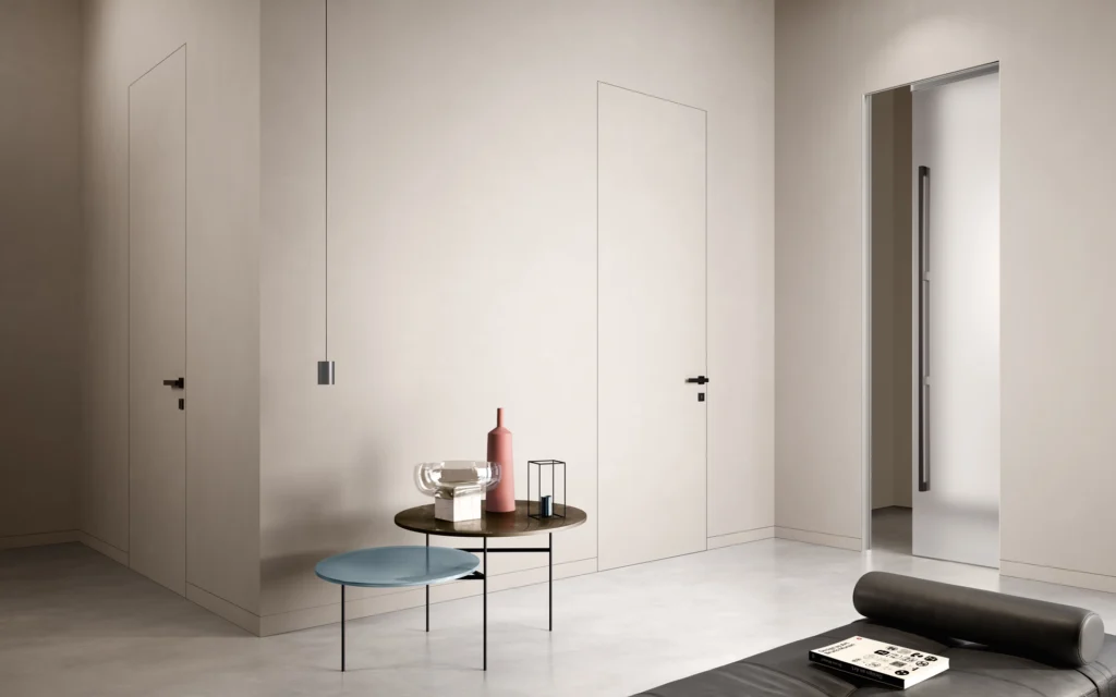 Zargenlose Türen kombiniert mit moderner Glasschiebetür im minimalistischen Wohnraum